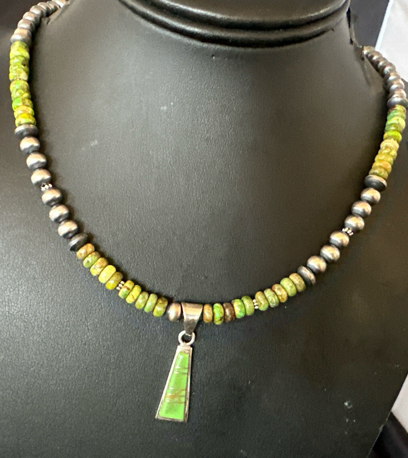 Womens Green Gaspeite Turquoise Pendant Navajo Sterling Silver Necklace 18371