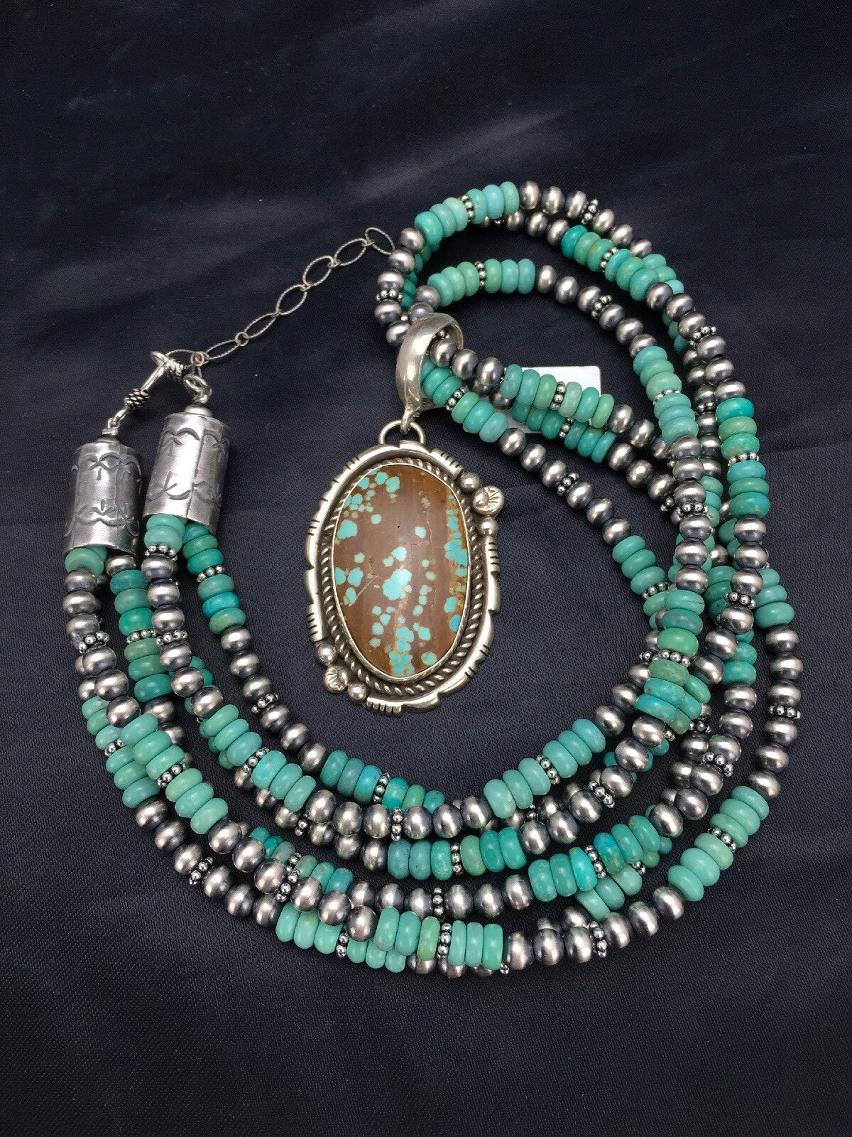 Spider Web Turquoise Pendant Navajo Sterling  Silver Bead 3 Strand Necklace 21in