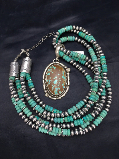 Spider Web Turquoise Pendant Navajo Sterling  Silver Bead 3 Strand Necklace 21in