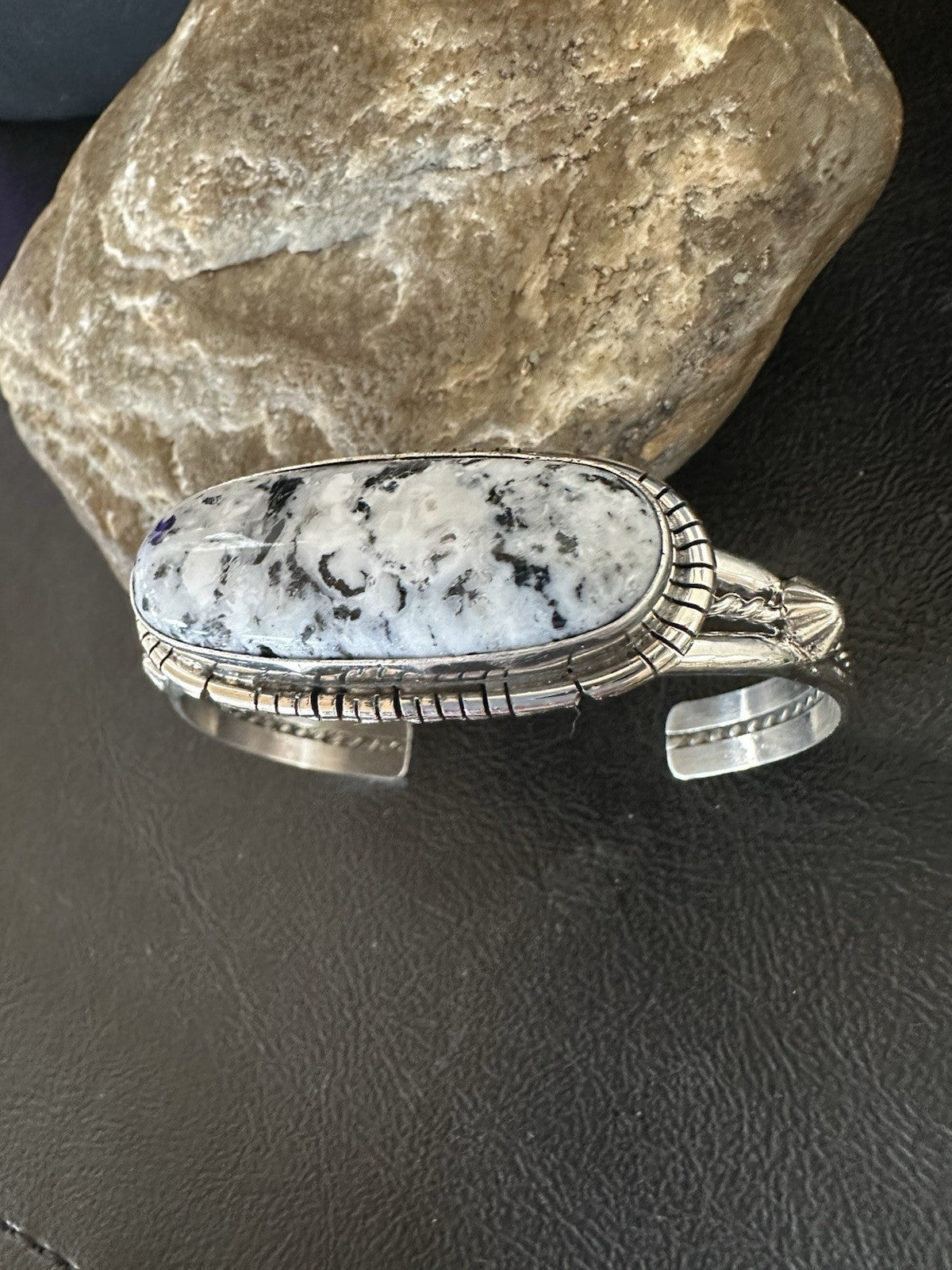White Buffalo Turquoise Navajo Sterling Silver Cuff Bracelet 7.25" 19393