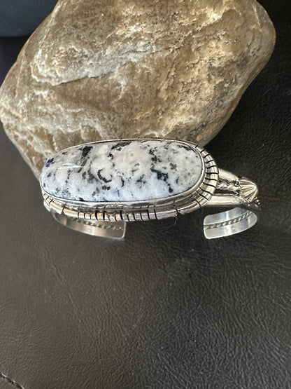 White Buffalo Turquoise Navajo Sterling Silver Cuff Bracelet 7.25" 19393