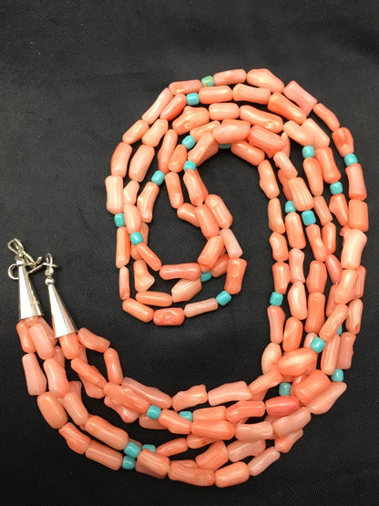 Turquoise & Pink Coral Southwestern Sterling Silver 3 Strand Necklace 04389