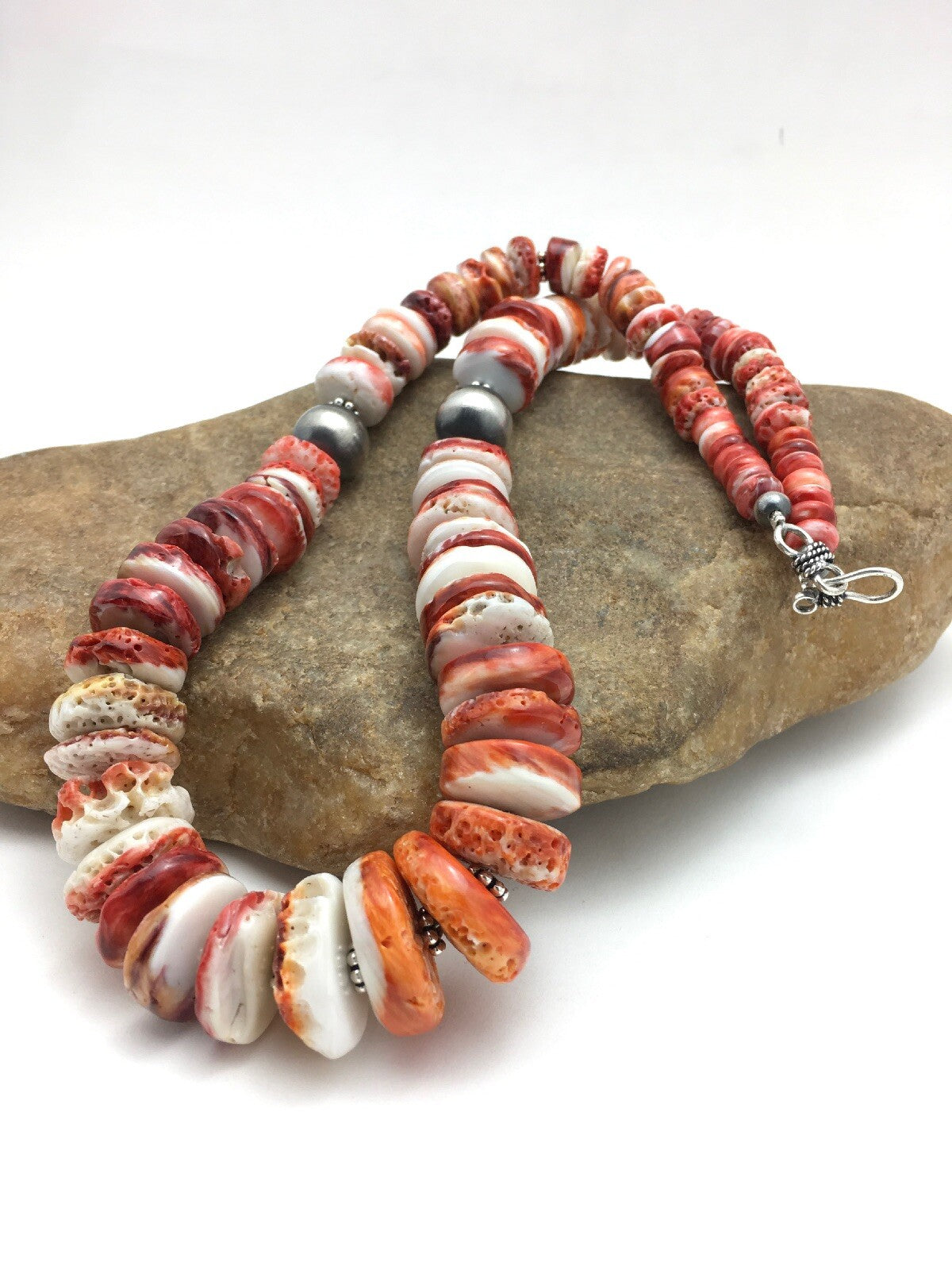 Native American Red Spiny Oyster Navajo Sterling Silver Necklace 20" 04026