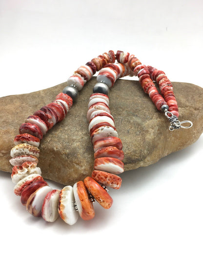 Native American Red Spiny Oyster Navajo Sterling Silver Necklace 20" 04026
