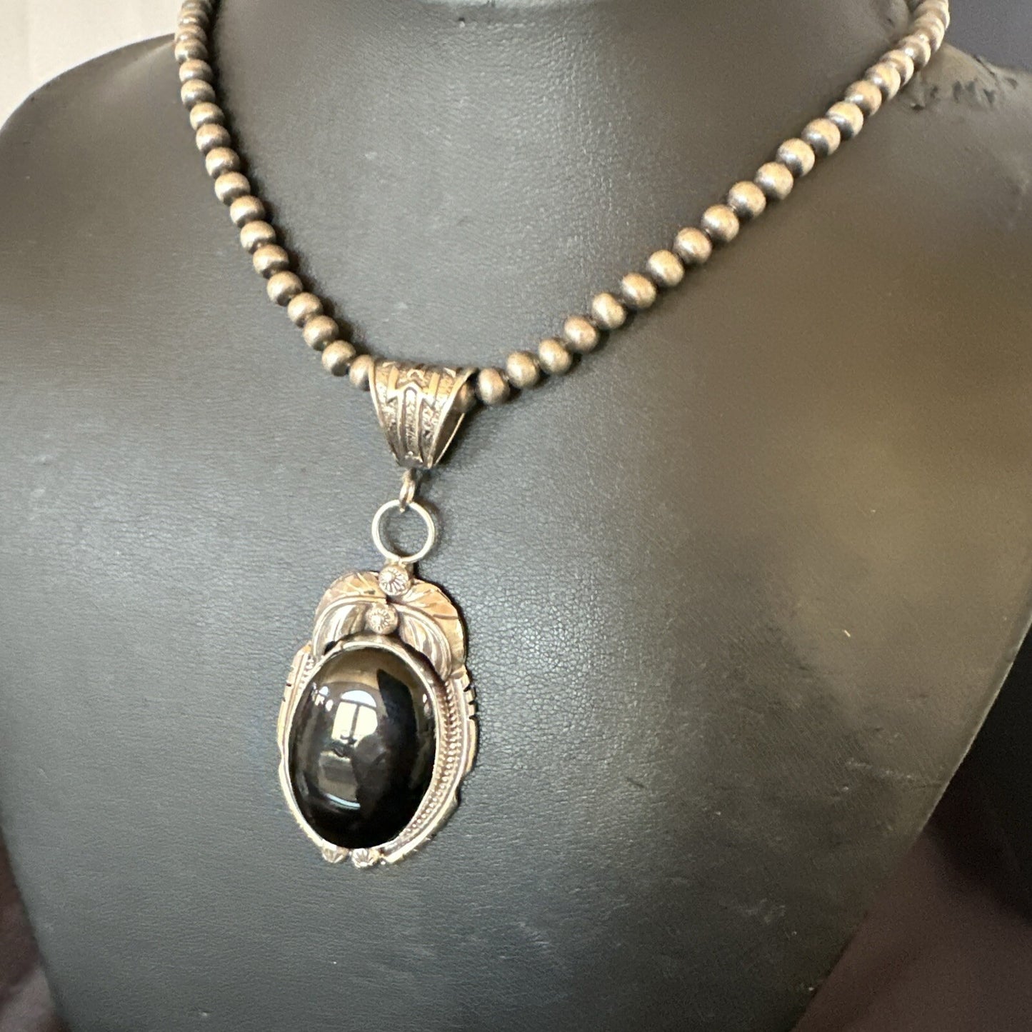 Mens Sterling Silver Beads Black Onyx Pendant Necklace 17992