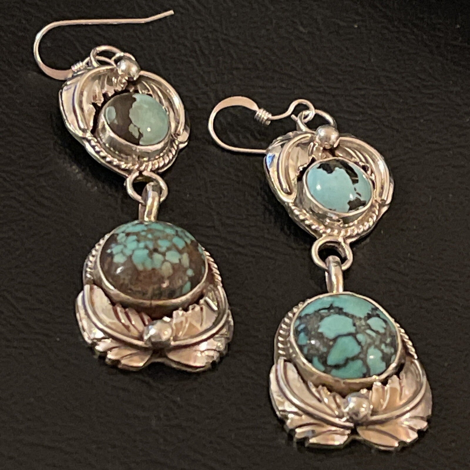 Womens Blue Spider Web Turquoise Navajo Sterling Silver Dangle Earrings 1238