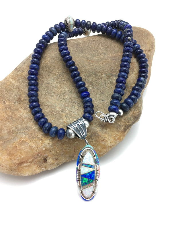 Opal Pendant Lapis Navajo Necklace | Sterling Silver | Authentic Native American Handmade | 02606