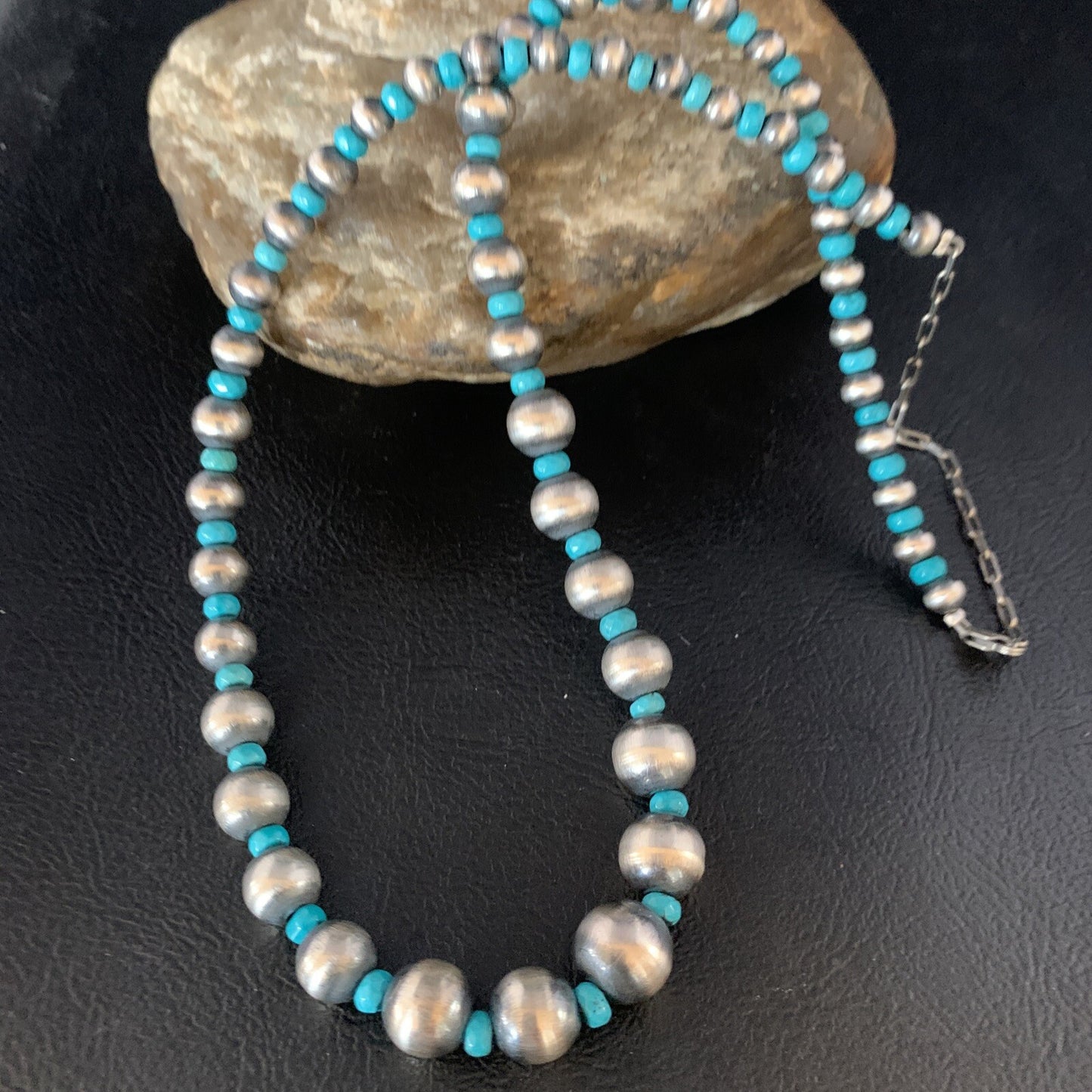 Navajo Pearls Graduated Sterling Blue Turquoise Bead Necklace 16" 96116
