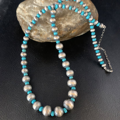 Navajo Pearls Graduated Sterling Blue Turquoise Bead Necklace 16" 96116
