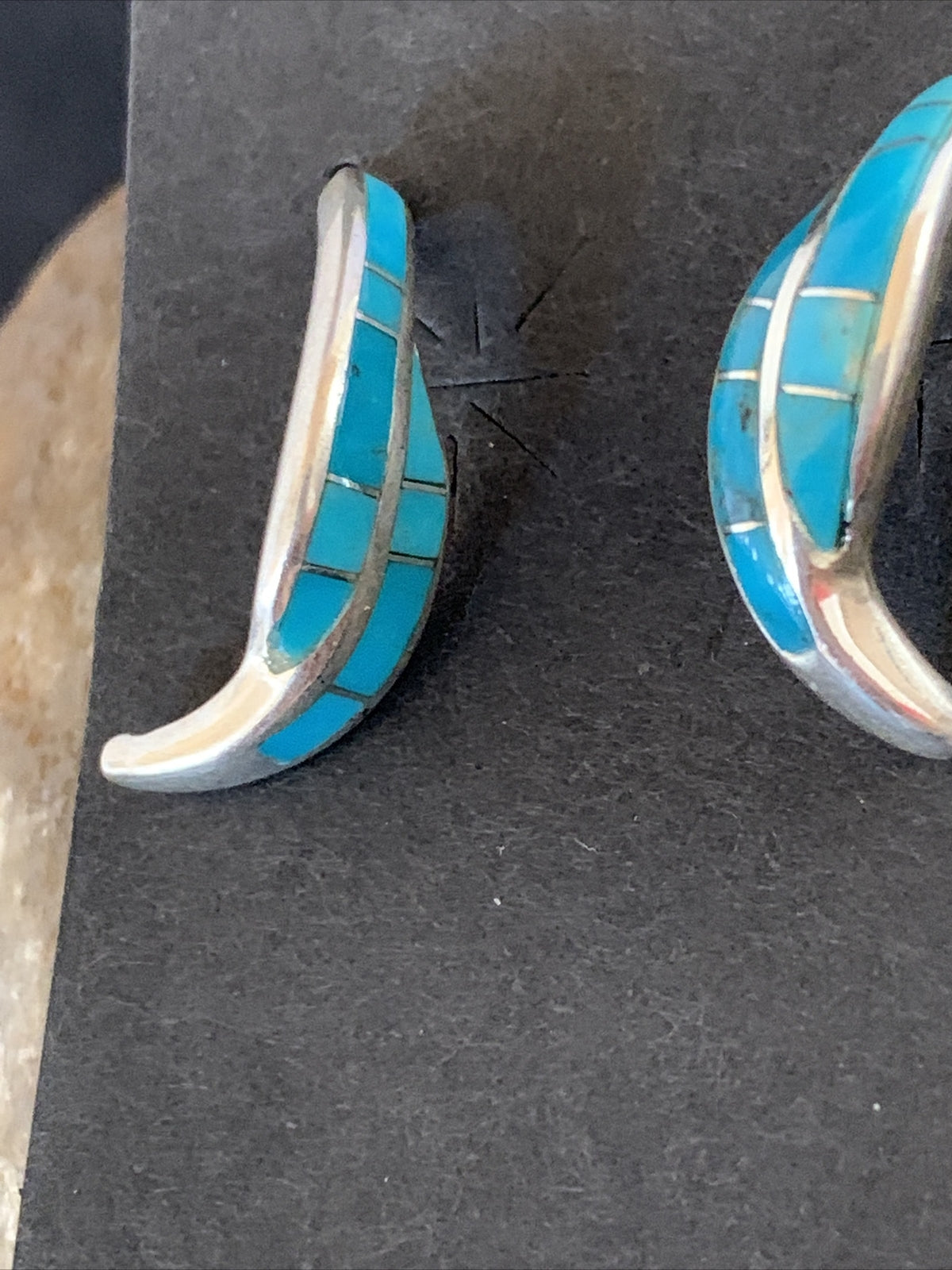 Blue Turquoise Southwestern Zuni Sterling Silver Inlay Hoop Earrings 0.75" 13022