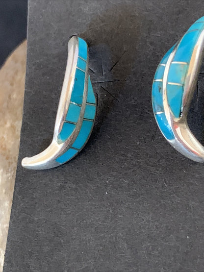Blue Turquoise Southwestern Zuni Sterling Silver Inlay Hoop Earrings 0.75" 13022