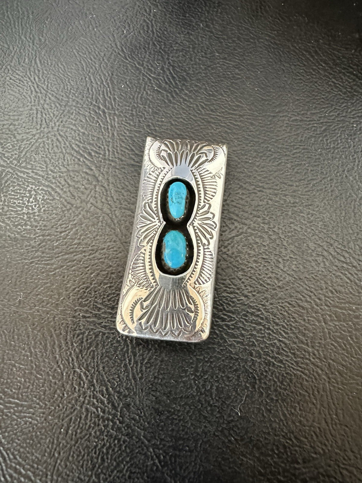 Mens Blue Turquoise Navajo Stainless Stamped Silver Money Clip 19366