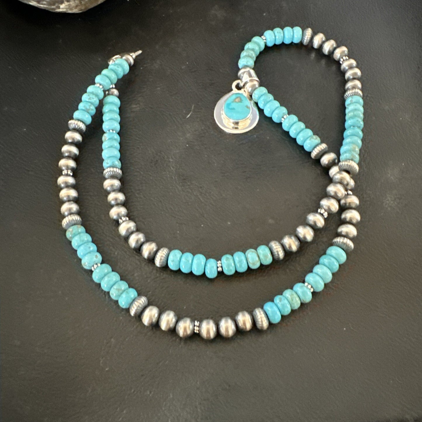 Mens Blue Kingman Turquoise Pendant Navajo Sterling Silver Necklace 21" 17903