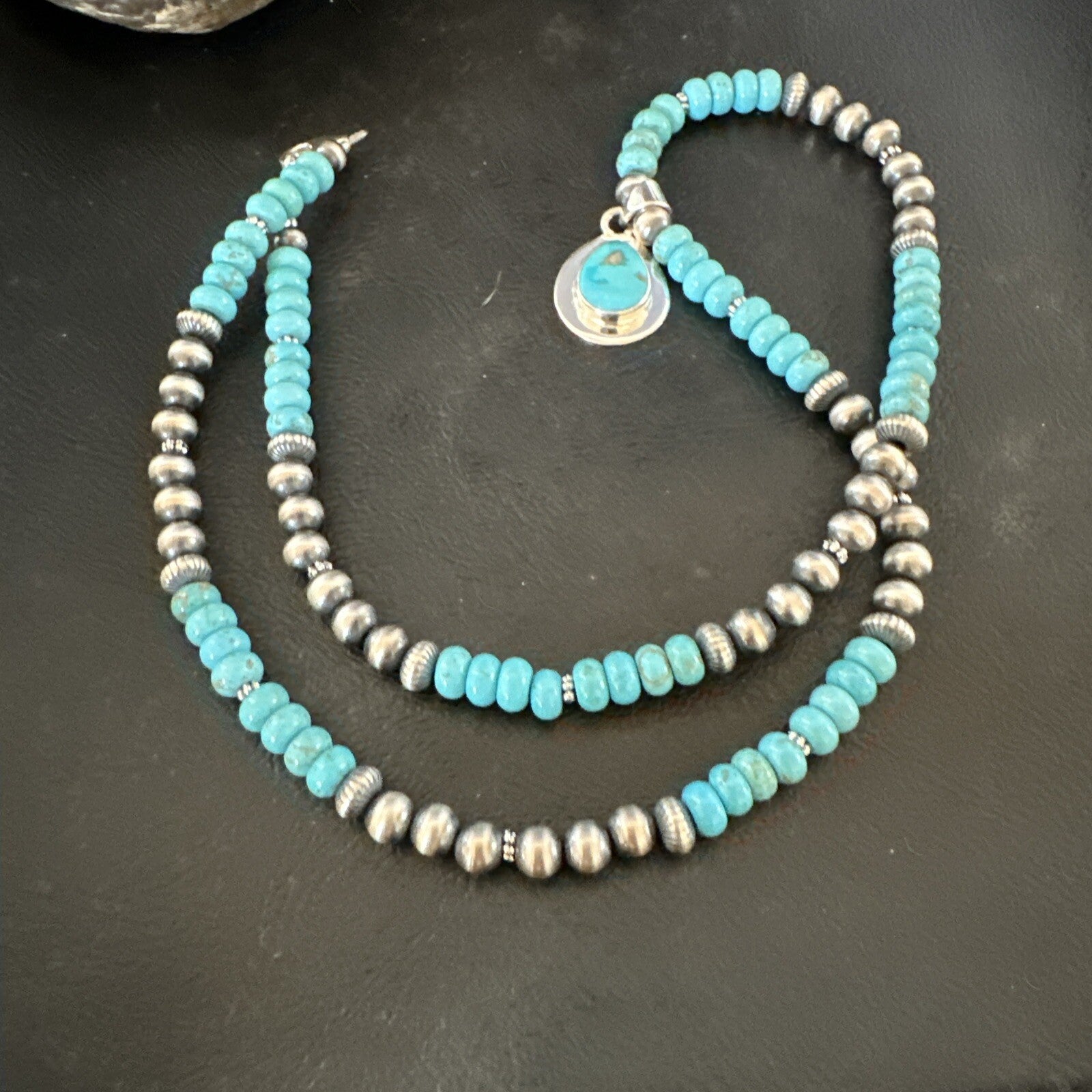 Mens Blue Kingman Turquoise Pendant Navajo Sterling Silver Necklace 21" 17903