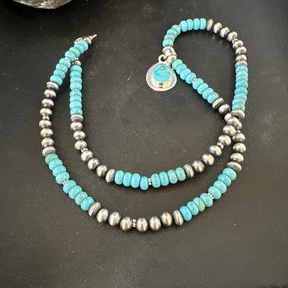 Mens Blue Kingman Turquoise Pendant Navajo Sterling Silver Necklace 21" 17903