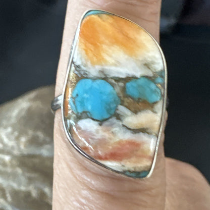 Blue Turquoise Spiny Oyster Navajo Sterling Silver Ring Size 8 18250