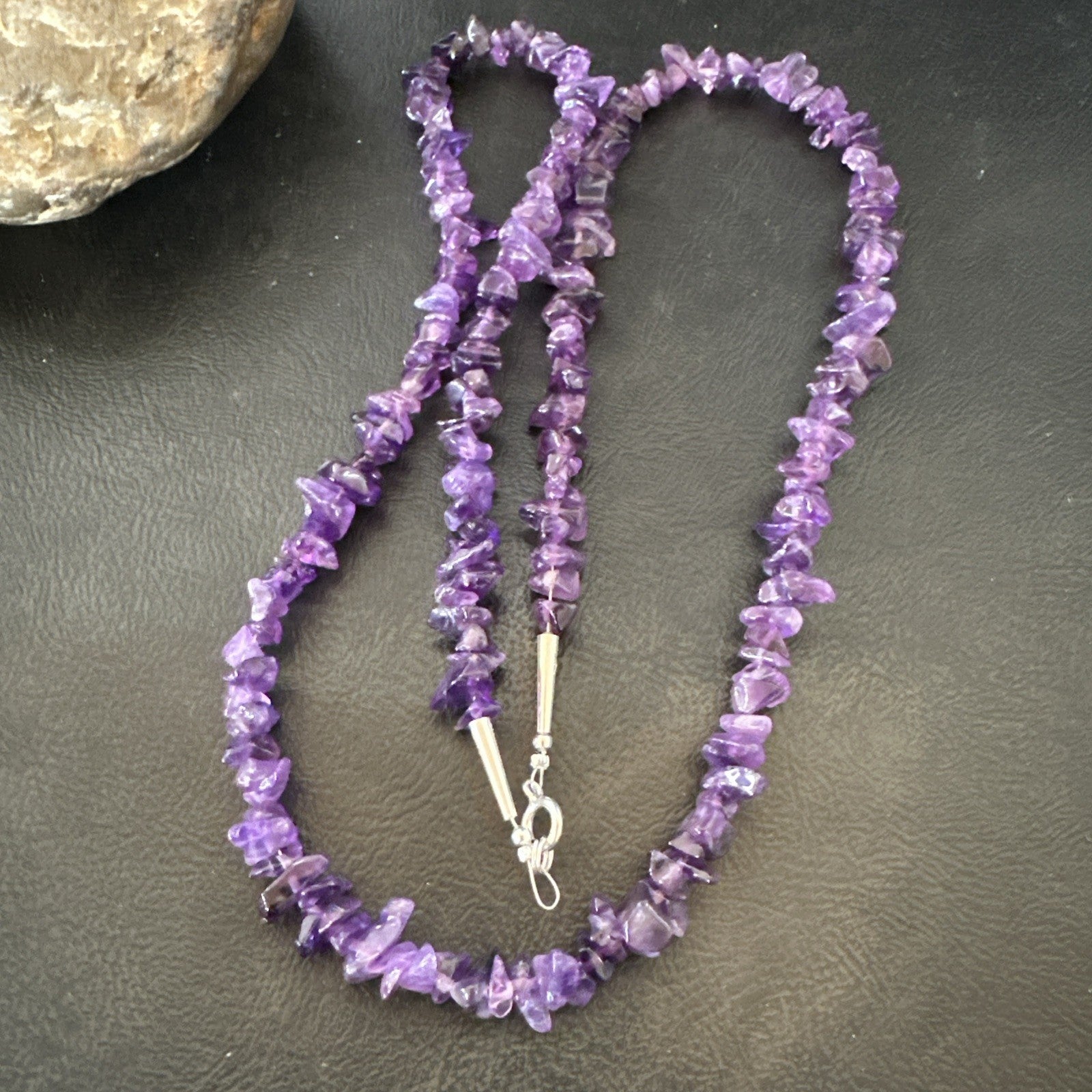 Purple Amethyst Southwestern Nugget Bead Sterling Silver Necklace 27” 19017