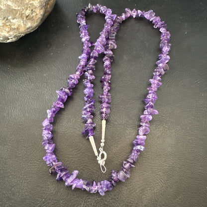 Purple Amethyst Southwestern Nugget Bead Sterling Silver Necklace 27” 19017