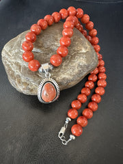 Navajo Apple Sponge Coral Necklace Pendant 20" | Sterling Silver | Authentic Native American Handmade | 18329