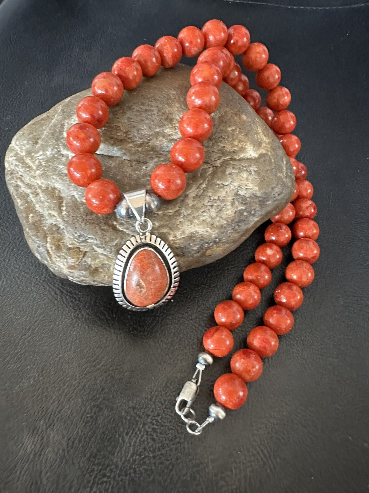 Navajo Apple Sponge Coral Sterling Silver Necklace Pendant 20” 18329