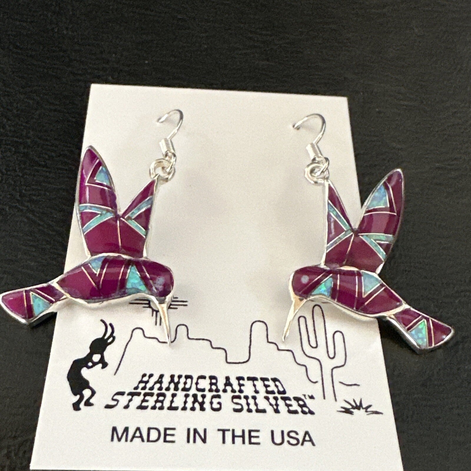 Purple Sugilite Opal Sterling Silver Hummingbird Dangle Earrings 18551