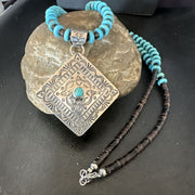Navajo Blue Turquoise Stamped Pendant Shell 25"Necklace | Sterling Silver | Authentic Native American Handmade | 19708