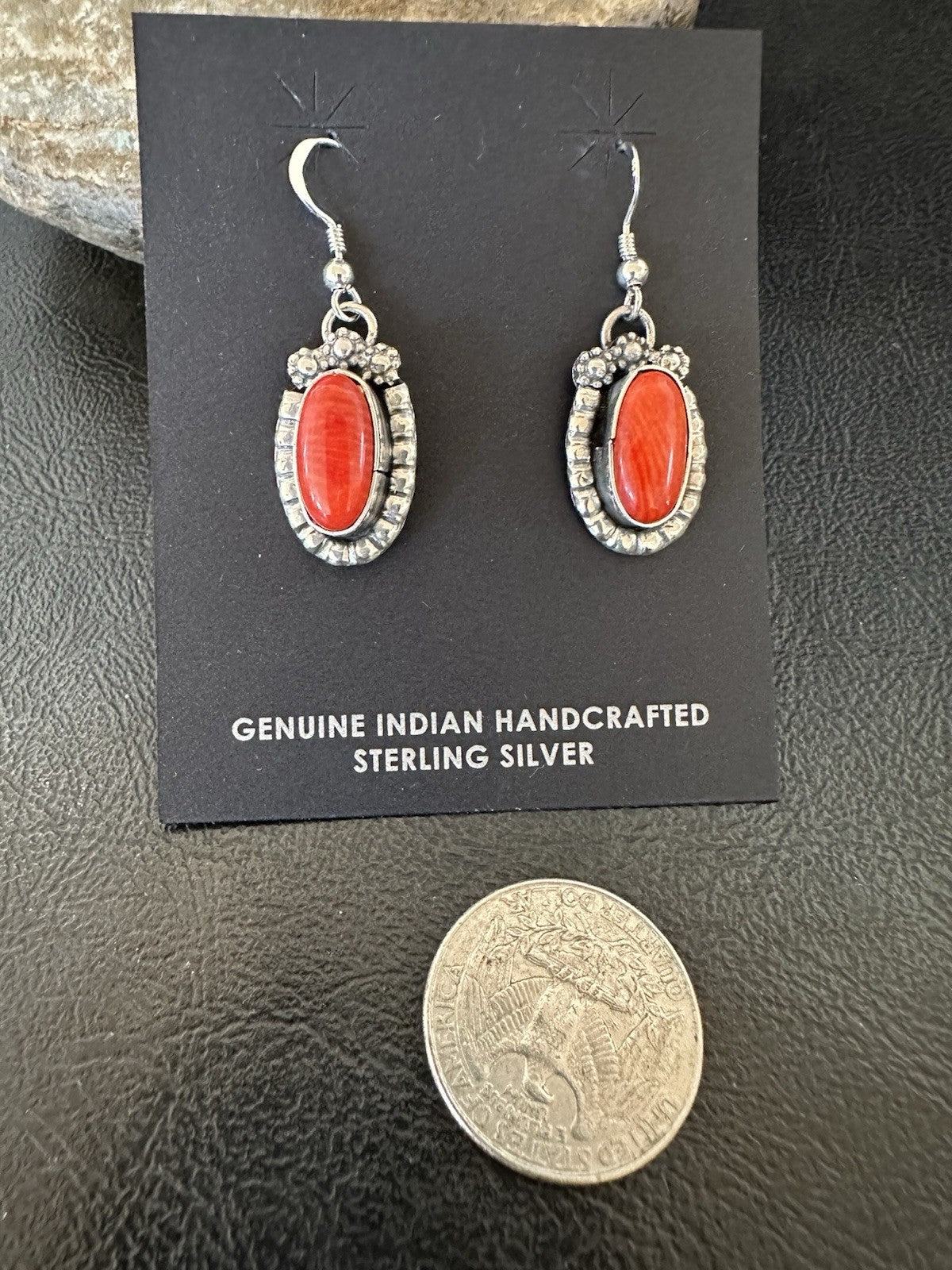 Handmade Red Coral Sterling Silver Navajo Dangle Earrings Yazzie 19534