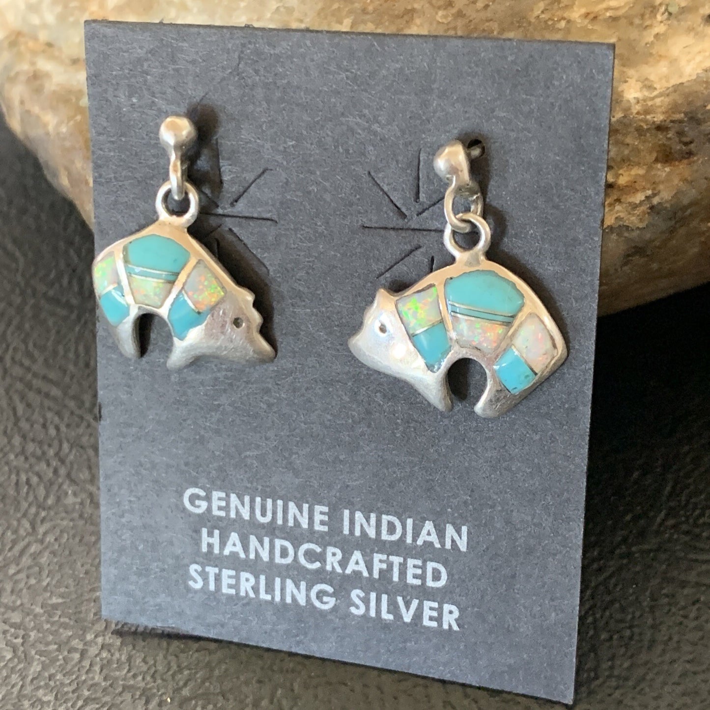 Womens Turquoise White Opal Inlay Navajo Sterling Silver Dangle Earrings 12773