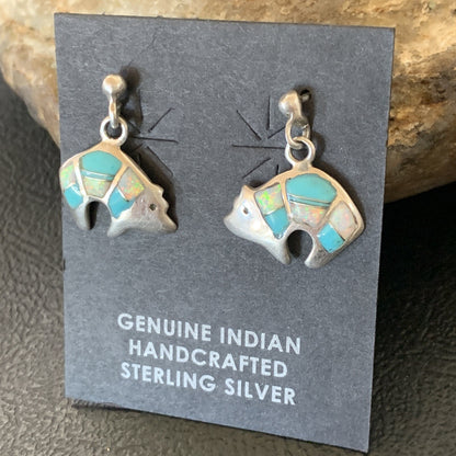 Womens Turquoise White Opal Inlay Navajo Sterling Silver Dangle Earrings 12773