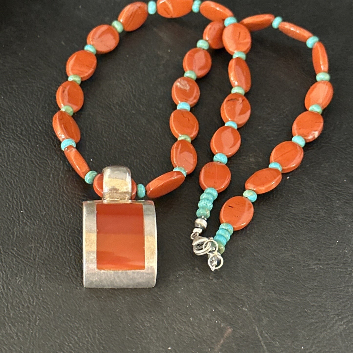 Carnelian Turquoise Navajo Pearls Sterling Silver Necklace Pendant 14375