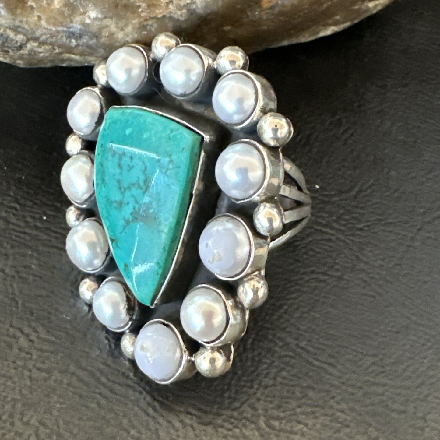 Blue Turquoise White Pearls Navajo Sterling Silver Cluster Ring Size 10.5 18398