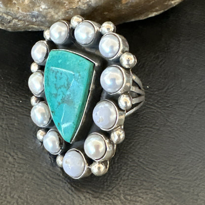 Blue Turquoise White Pearls Navajo Sterling Silver Cluster Ring Size 10.5 18398