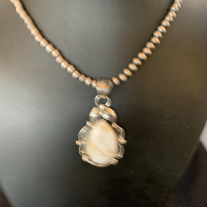 Men White Buffalo Turquoise Pendant Sterling Silver Beads Necklace 12665N