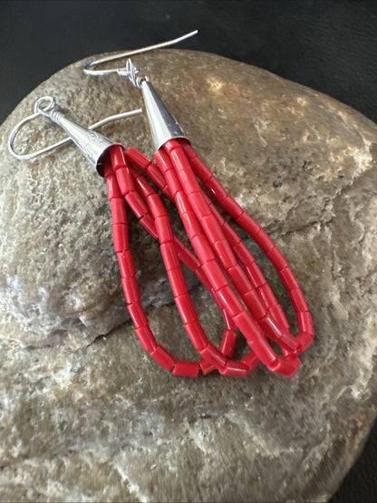 Native Red Coral Heishi Tube Liquid Sterling Silver Dangle Earrings 2" 4399