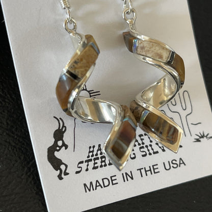 Tiger's Eye & Opal Inlay Swirl Navajo Sterling Earrings 1.25" 1552