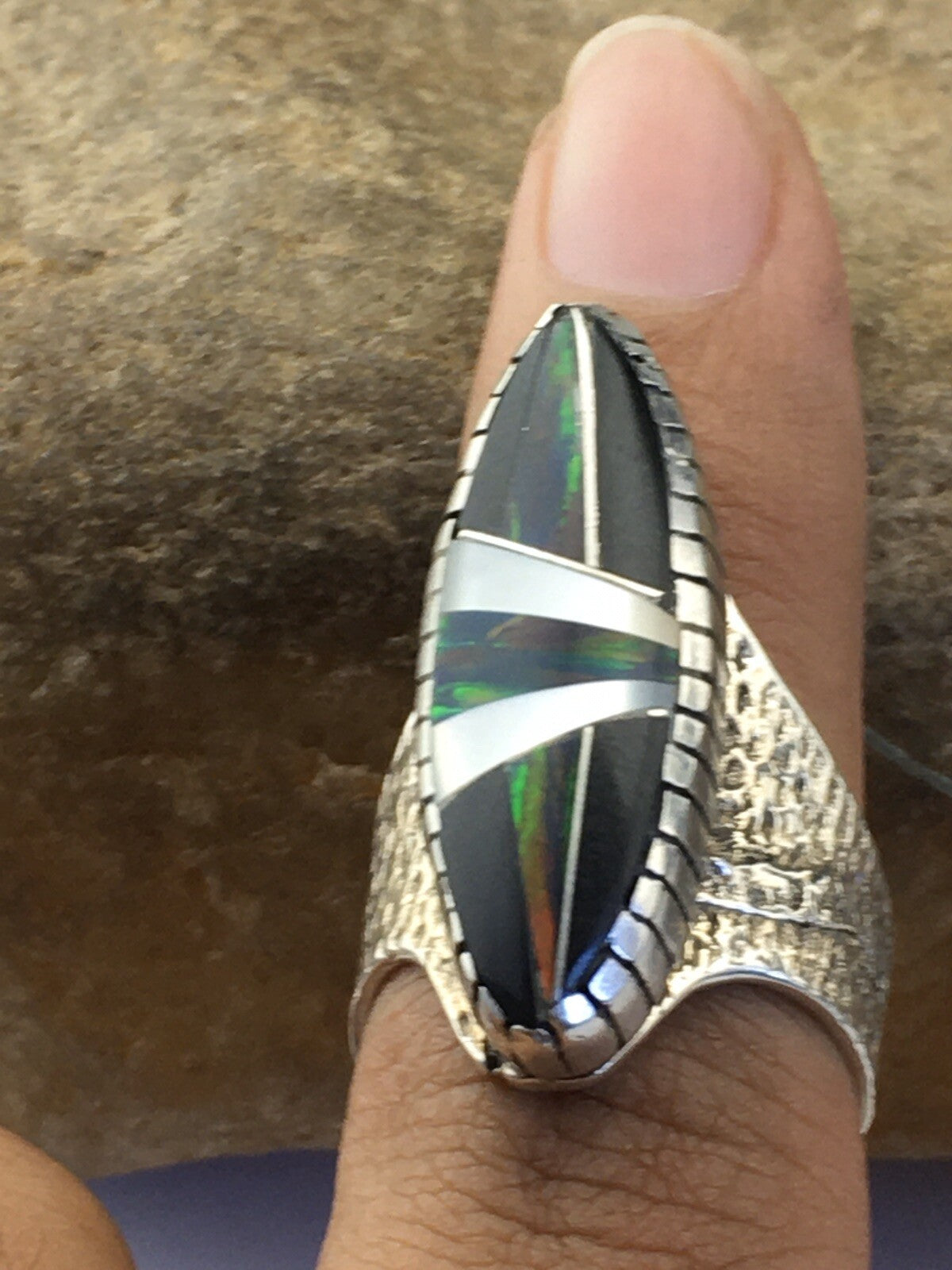 Mens Navajo Multicolor Opal Turquoise Inlay Sterling Silver Ring Size 8 01587N