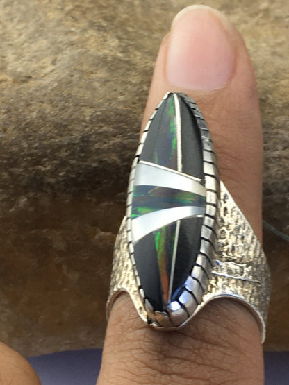 Mens Navajo Multicolor Opal Turquoise Inlay Sterling Silver Ring Size 8 01587N
