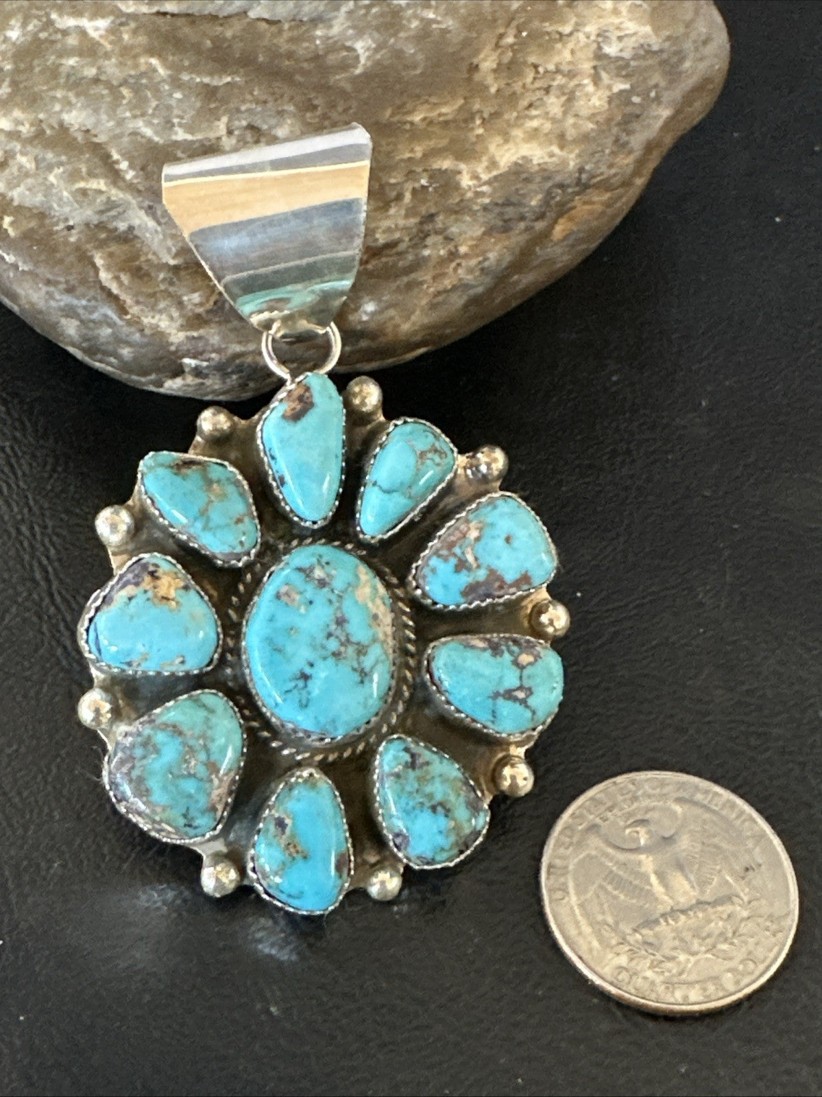 New Cluster  Blue Turquoise Navajo Sterling Silver Pendant 2.75” 19118