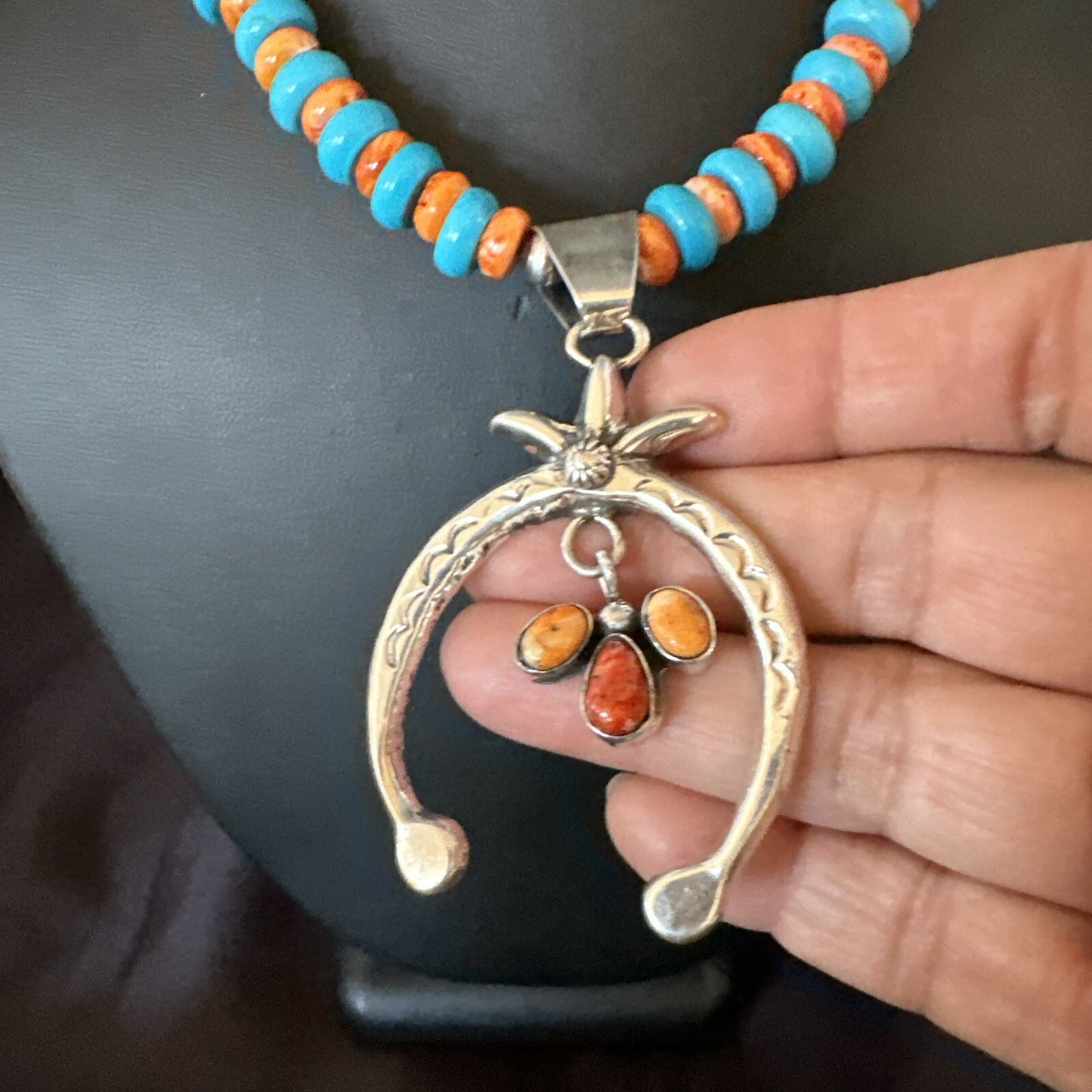 Mens Blue Turquoise Spiny Naja Pendant Navajo Sterling Silver Necklace 23" 17691