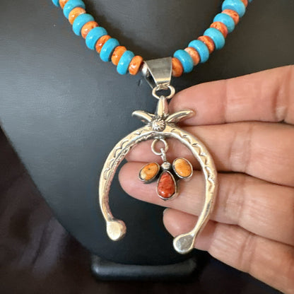 Mens Blue Turquoise Spiny Naja Pendant Navajo Sterling Silver Necklace 23" 17691