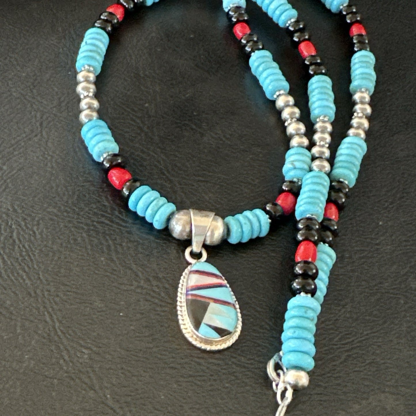 Multicolor Turquoise Coral Navajo Sterling Silver Inlay Pendant Necklace 19648