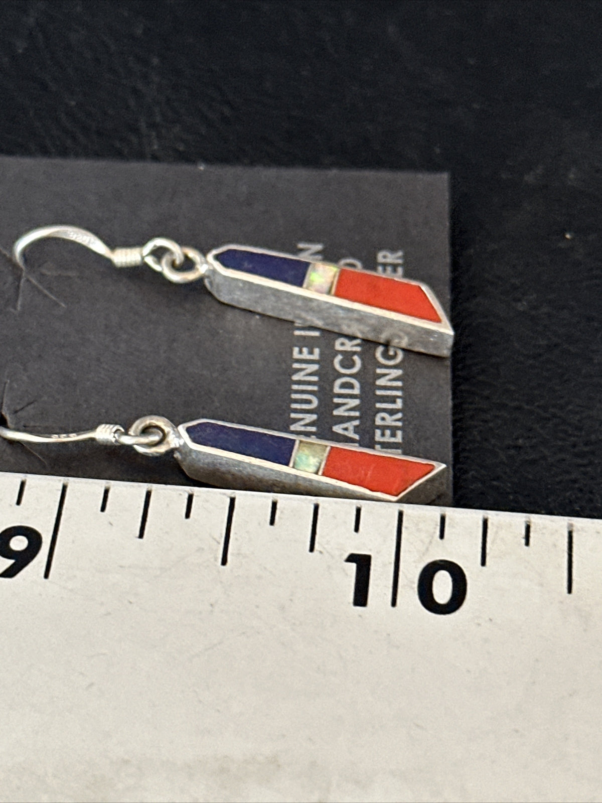 Lapis Opal & Coral Navajo Sterling Silver Inlay Earrings 1” 14766