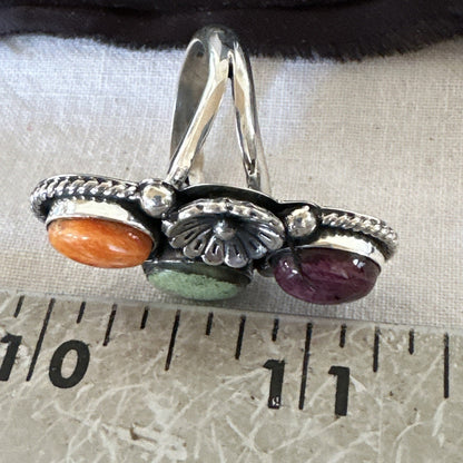 Multicolor Ring Turquoise Spiny Navajo Sterling Silver Cluster Size 8 19169