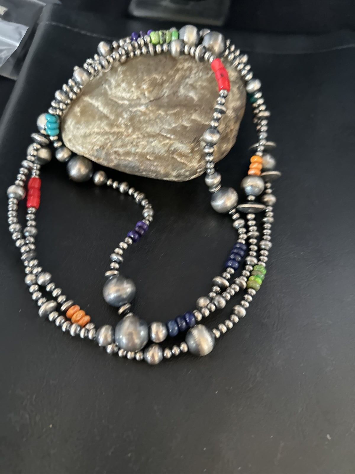 Turquoise Coral & Spiny Oyster Navajo Pearls Sterling Silver Bead Necklace 60"