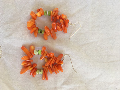 Orange Coral & Turquoise Navajo 3 Strand Necklace & Earrings 372