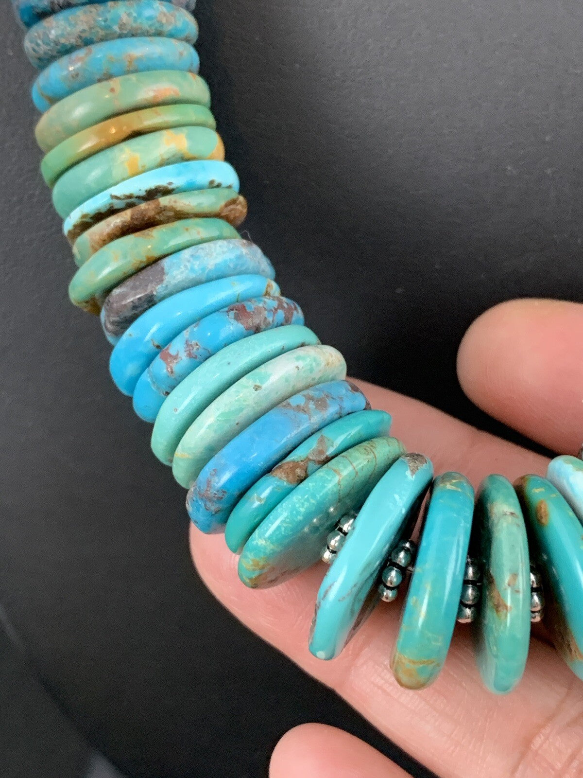 Mens Blue Green Turquoise Navajo Sterling Silver Necklace A3