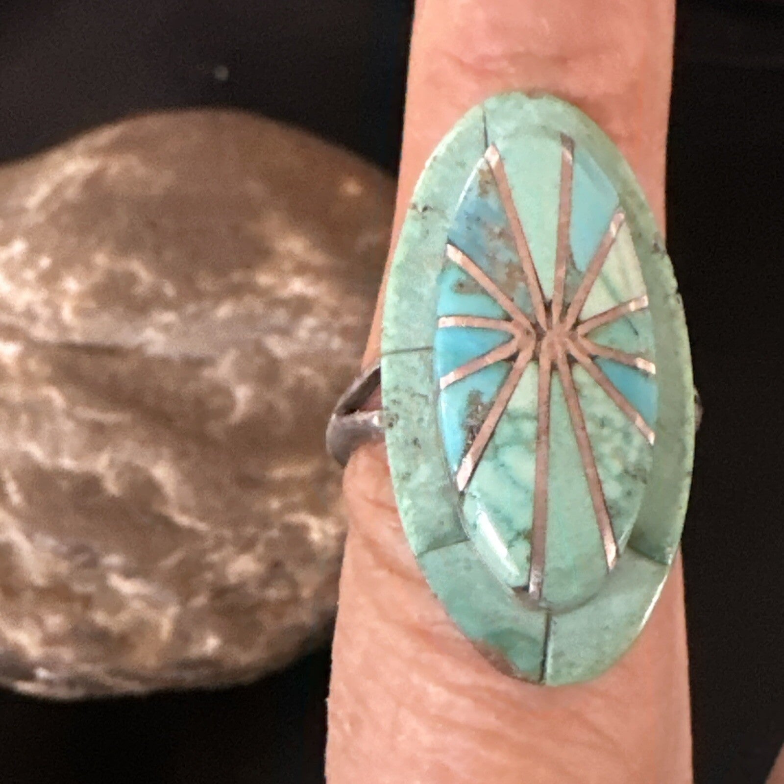 Native American Indian Navajo Blue Turquoise Inlay Band Ring Sz 7.5 18762