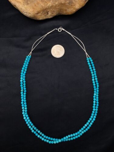 Blue Turquoise Faceted Bead 2 Strand Navajo Liquid Sterling Necklace 04368
