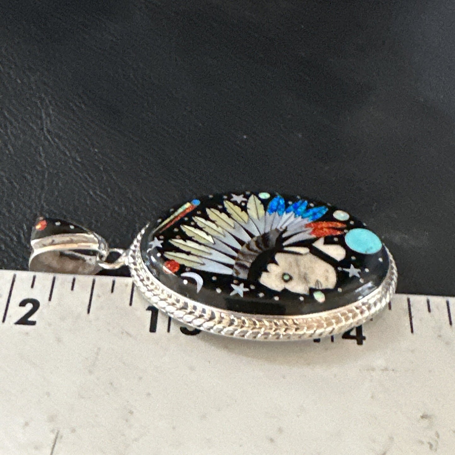 Turquoise Navajo Sterling Silver IndianHead MultiColor Inlay Pin Pendant 15156