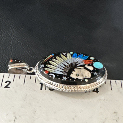 Turquoise Navajo Sterling Silver IndianHead MultiColor Inlay Pin Pendant 15156